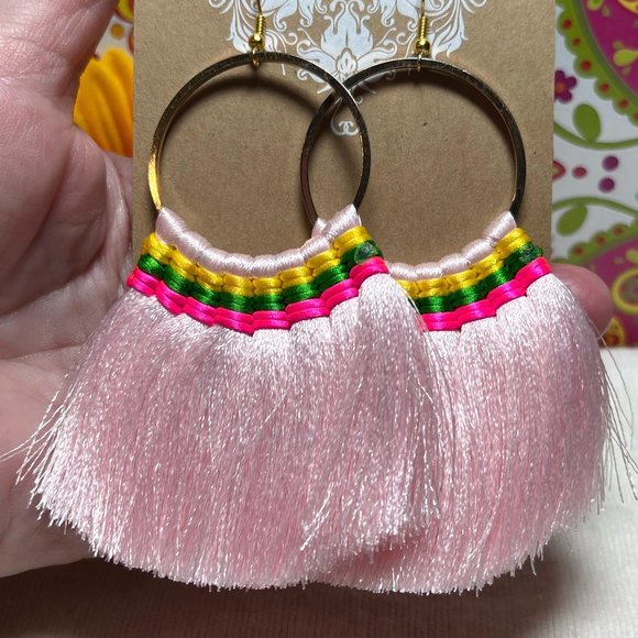 Large Fan Tassel Earrings Pink Hoops Long Smooth Silky Fringe Drop Dangles NWT - Picture 1 of 5